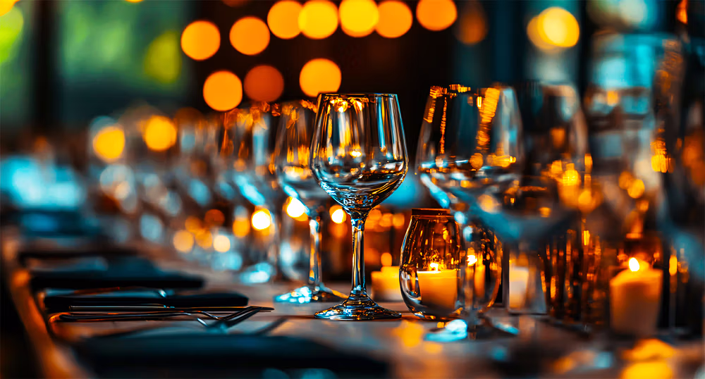 Elegant candlelit table setting with wine glasses