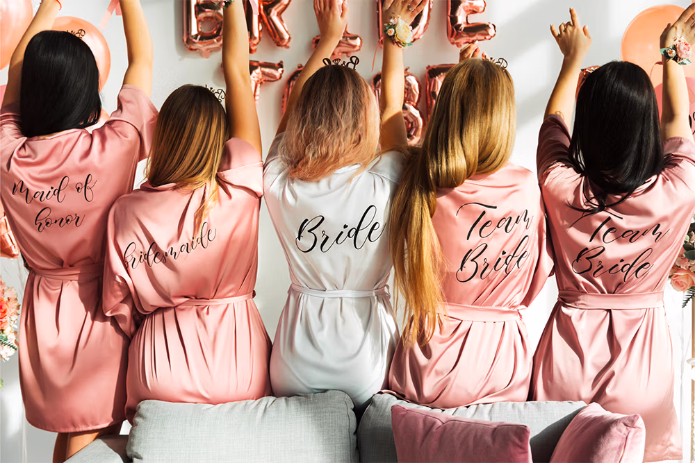 Bridal party in matching robes with Team Bride balloons