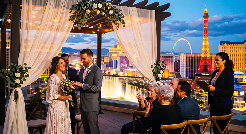 Rooftop wedding ceremony overlooking the Las Vegas Strip skyline